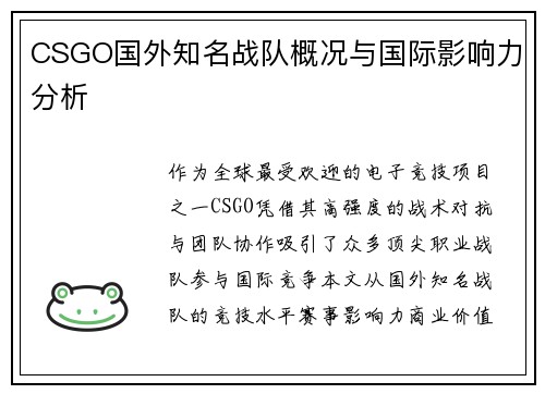 CSGO国外知名战队概况与国际影响力分析