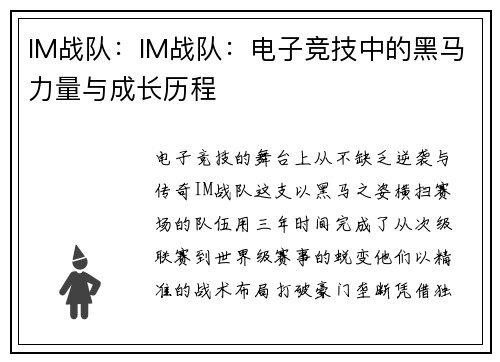 IM战队：IM战队：电子竞技中的黑马力量与成长历程