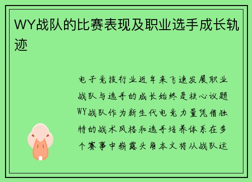 WY战队的比赛表现及职业选手成长轨迹