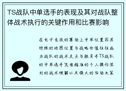 TS战队中单选手的表现及其对战队整体战术执行的关键作用和比赛影响