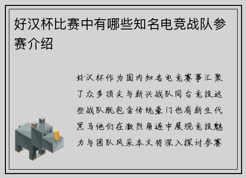 好汉杯比赛中有哪些知名电竞战队参赛介绍